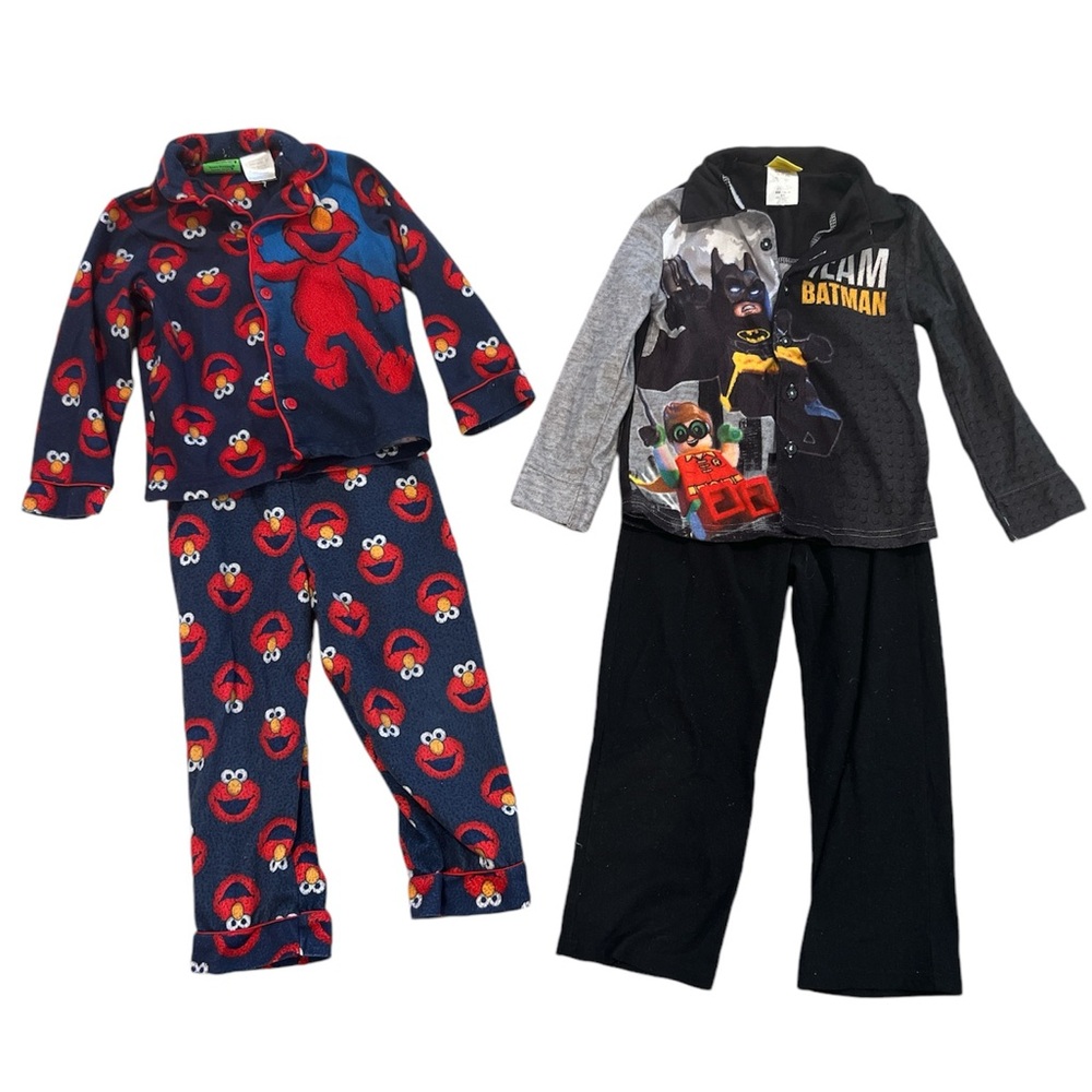 BATMAN AND ELMO Fleece Pajamas Toddler Boy Button Down Long Sleeve Size 4/5T